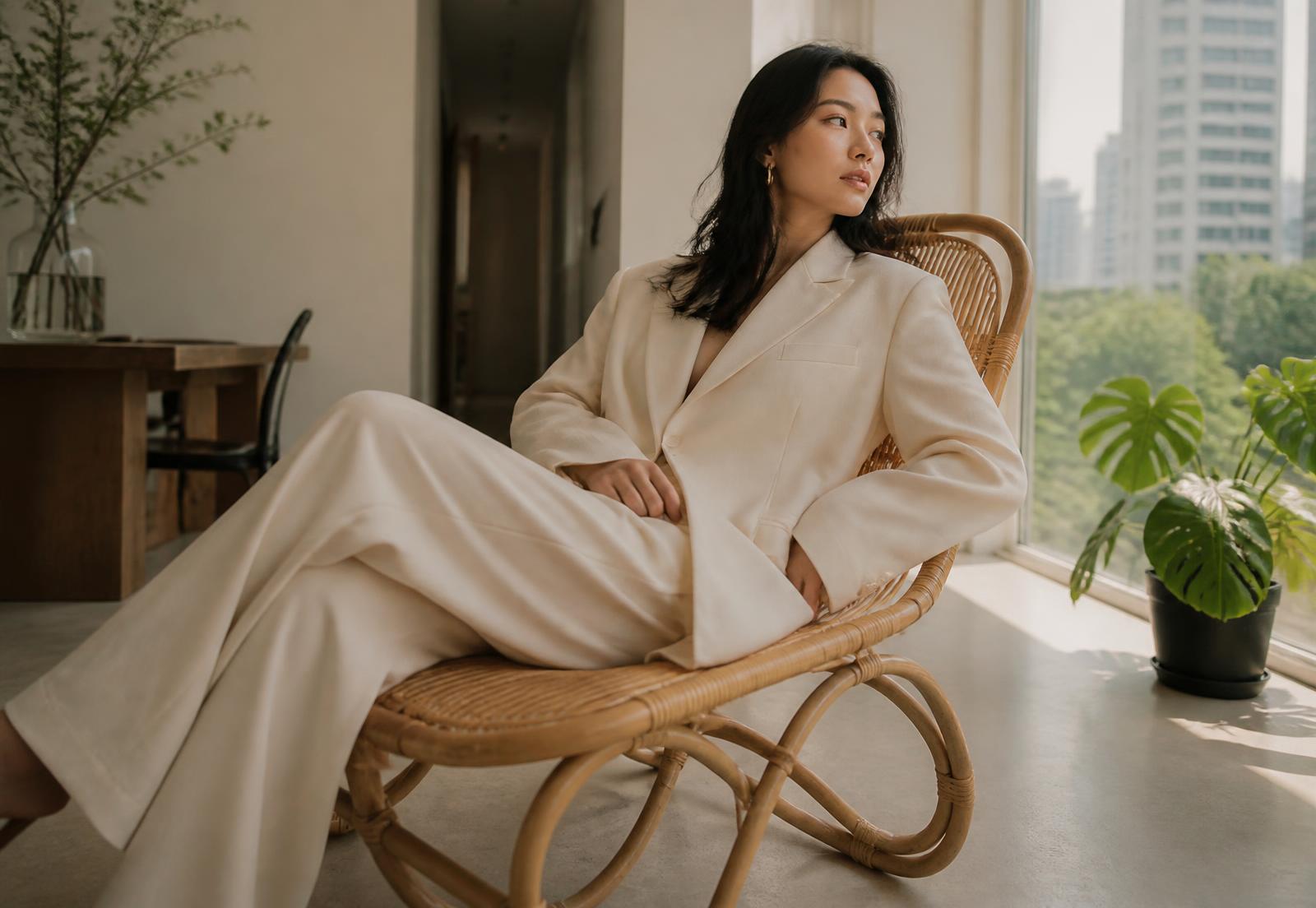 Relaxed afternoon at home in an ivory blazer and wide-leg trousers