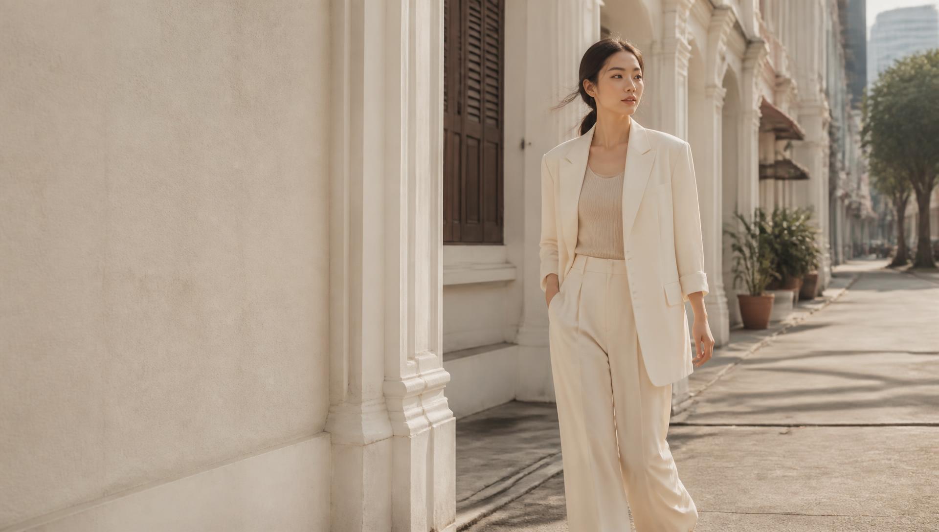 Model in an ivory blazer and wide-leg trousers on a Singapore shophouse street
