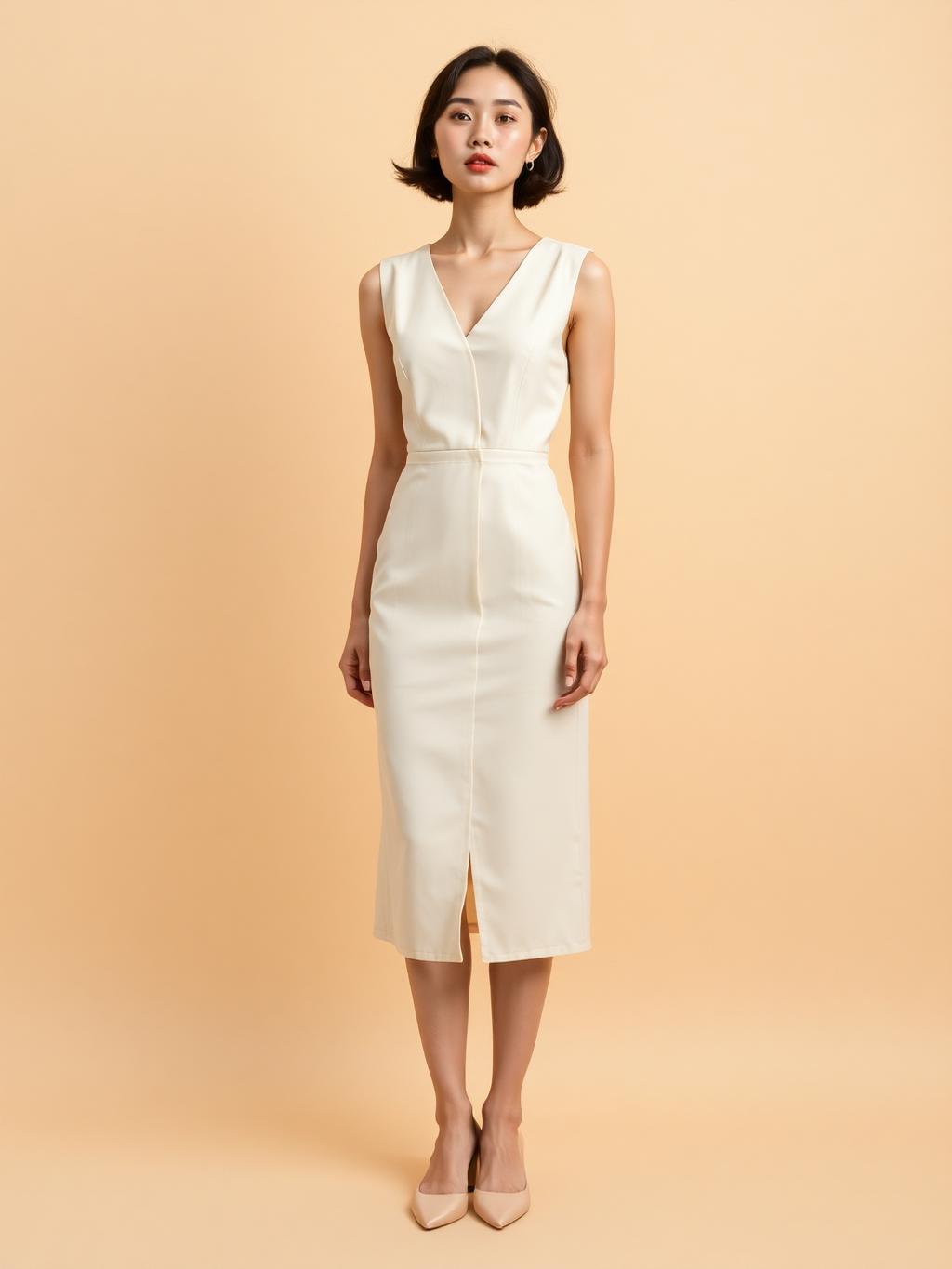 The same tailoring styled with a midi dress for dinner